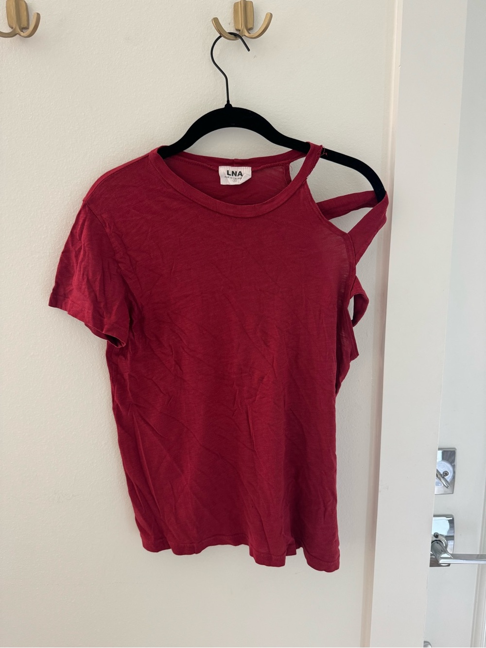 LNA Burgundy One-Shoulder Cutout Short Sleeve Tee